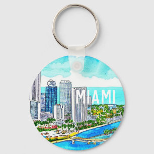 Miami Skyline Tropical Postcard Key Ring