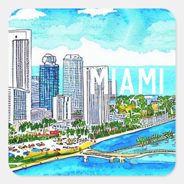 Miami Skyline Tropical Postcard   Square Sticker (Front)