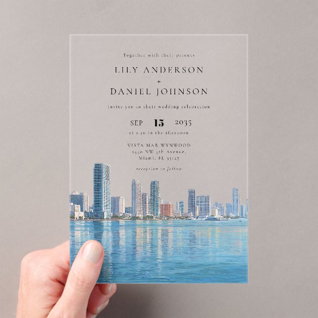Miami Skyline Watercolor Destination Wedding Acrylic Invitations (Insitu (Handheld))