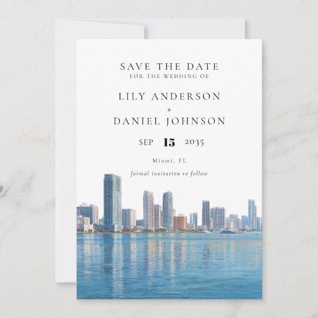 Miami Skyline Watercolor Destination Wedding Save The Date (Front)