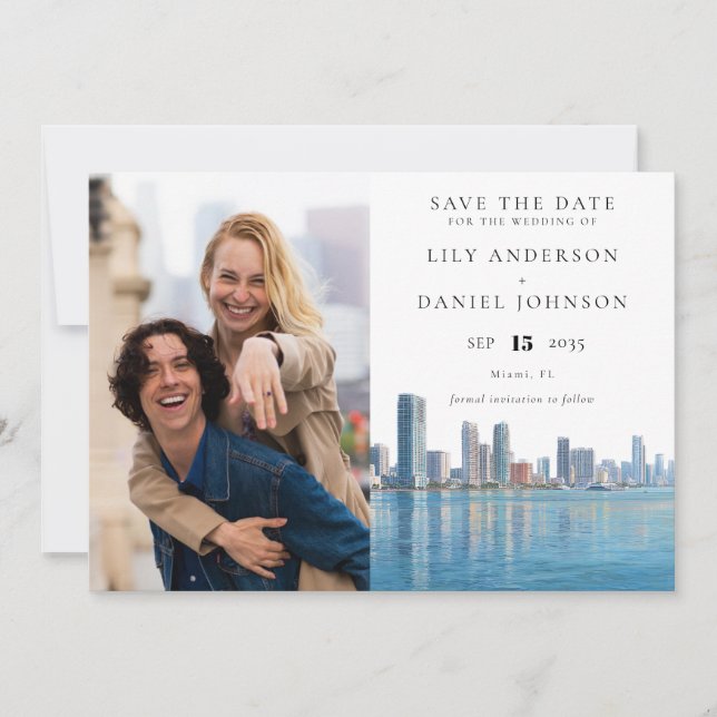 Miami Skyline Watercolor Photo Wedding Save The Date (Front)