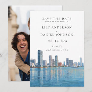 Miami Skyline Watercolor Photo Wedding Save The Date