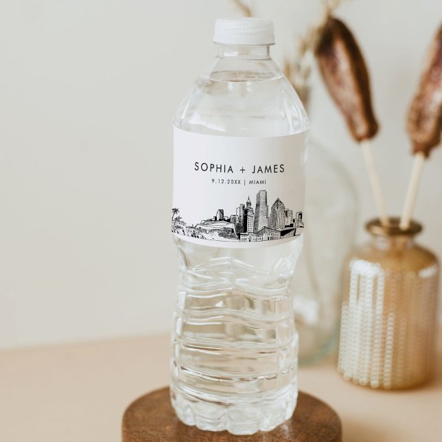 Miami Skyline Wedding Water Bottle Label (Creator Uploaded)