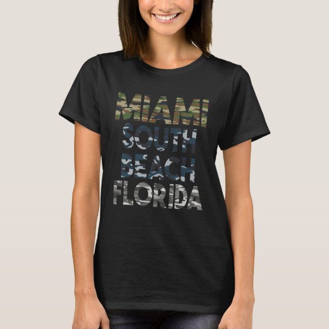Miami South Beach Florida Camouflage Pattern Typog T-Shirt (Front)