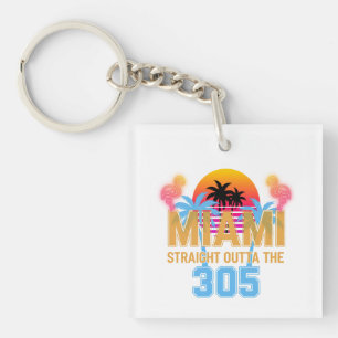 Miami Straight Outta The 305 Vintage Sunset Neon Key Ring