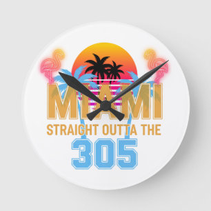 Miami Straight Outta The 305 Vintage Sunset Neon  Round Clock