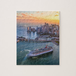 Miami Sunset Cruise Ship & Coastal Skyline Citysca Jigsaw Puzzle