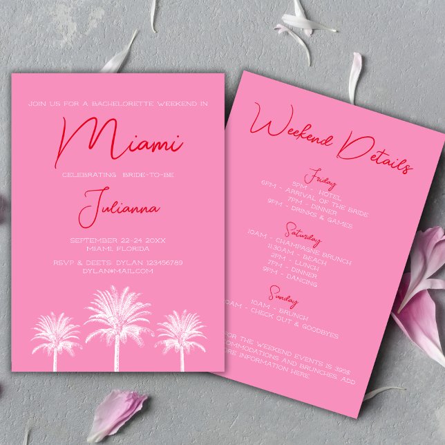 Miami Tropical Palms Bachelorette Weekend Invitation (Miami Tropical Palms Bachelorette Weekend Invitation bold pink and red)
