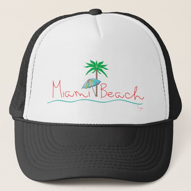 Miami with Palm and Umbrella Trucker Hat (Front)