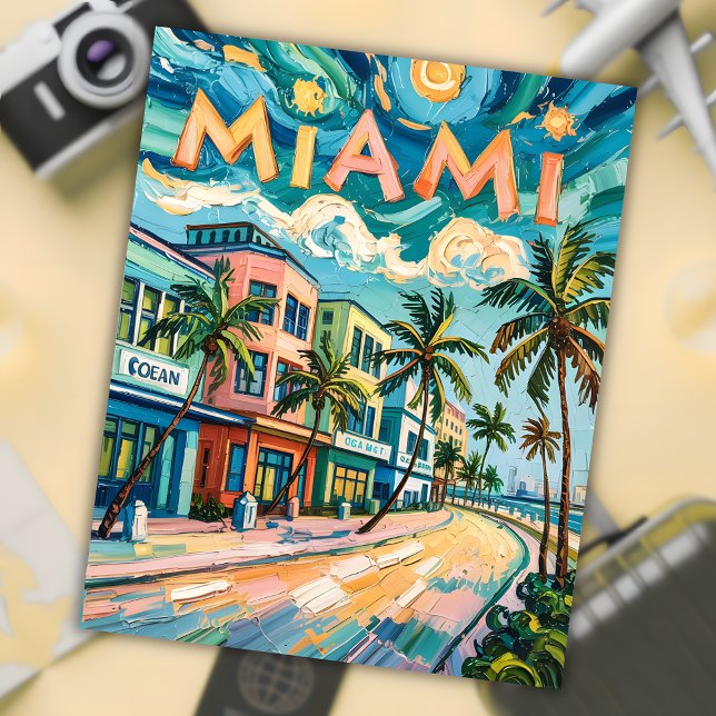 Miami's Ocean Drive Art in Van Gogh's Style Travel Postcard (Van Gogh Style Miami painting)
