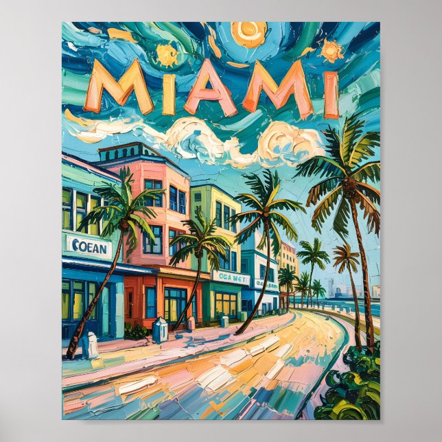 Miami's Ocean Drive Art in Van Gogh's Style Travel Poster (Front)