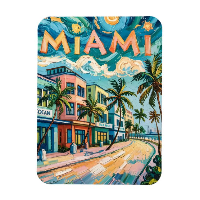 Miami's Ocean Drive Travel Art in Van Gogh's Style Magnet (Vertical)