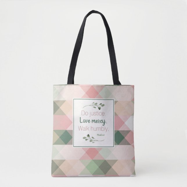 Micah 6:8 Pink & Green Diamond Geometric Tote Bag (Front)