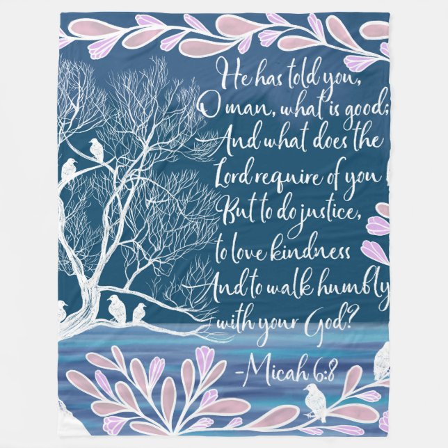 Micah 6:8 Teal Blue White Tree Birds Bible Verse Fleece Blanket (Front)