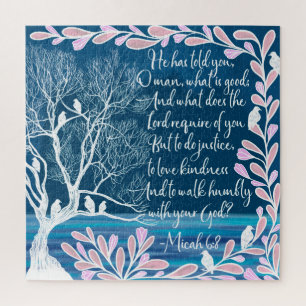 Micah 6:8 Teal Blue White Tree Birds Bible Verse Jigsaw Puzzle
