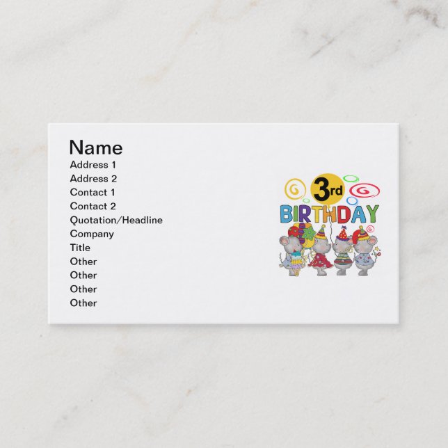 Mice 3rd Birthday T-shirts and Gifts Business Card (Front)