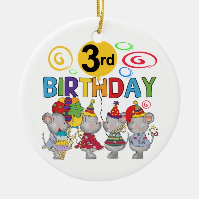 Mice 3rd Birthday T-shirts and Gifts Ceramic Tree Decoration (Front)