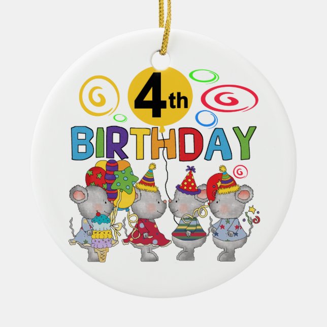 Mice 4th Birthday T-shirts and Gifts Ceramic Tree Decoration (Front)