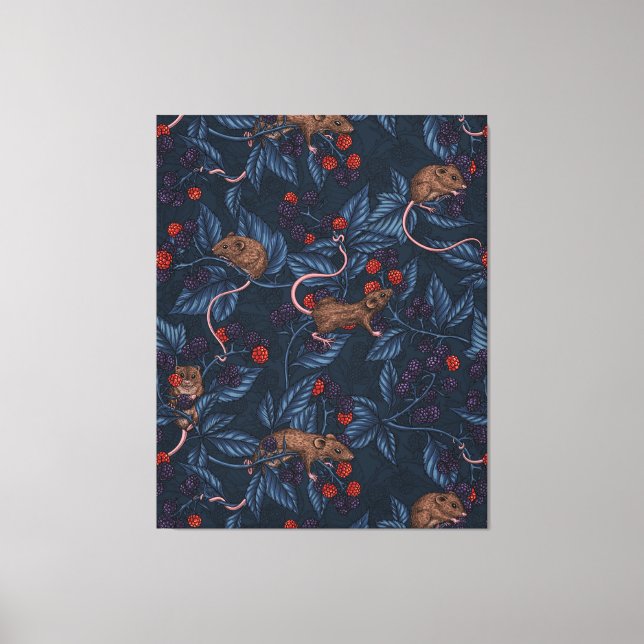 Mice and blackberries on navy canvas print (Front)