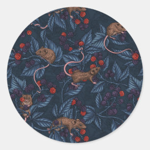 Mice and blackberries on navy classic round sticker