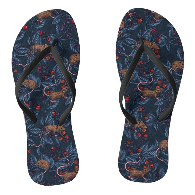 Mice and blackberries on navy flip flops (Footbed)