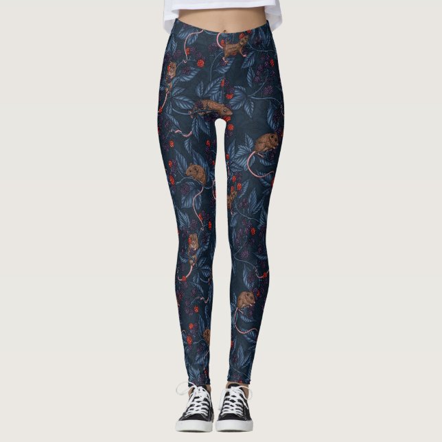 Mice and blackberries on navy leggings (Front)