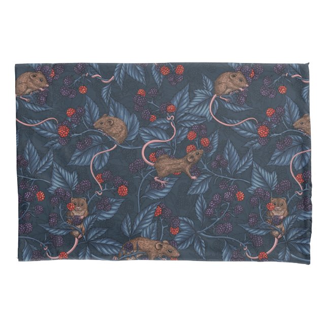 Mice and blackberries on navy pillowcase (Front-Left)