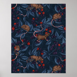 Mice and blackberries on navy poster