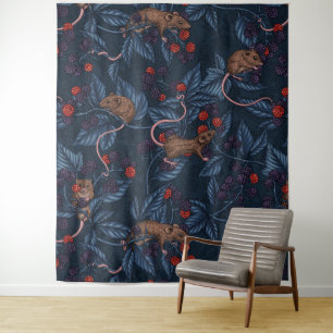 Mice and blackberries on navy tapestry