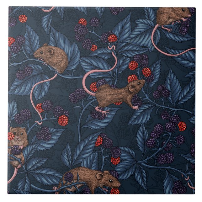Mice and blackberries on navy tile (Front)