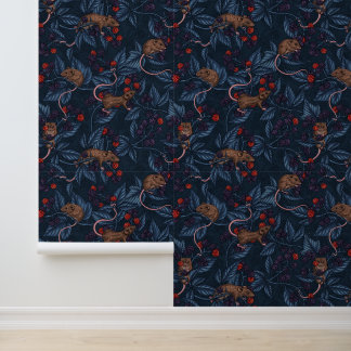 Mice and blackberries on navy wallpaper