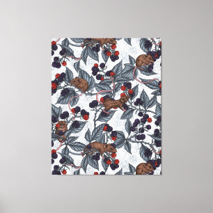 Mice and blackberries on white canvas print