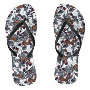 Mice and blackberries on white flip flops