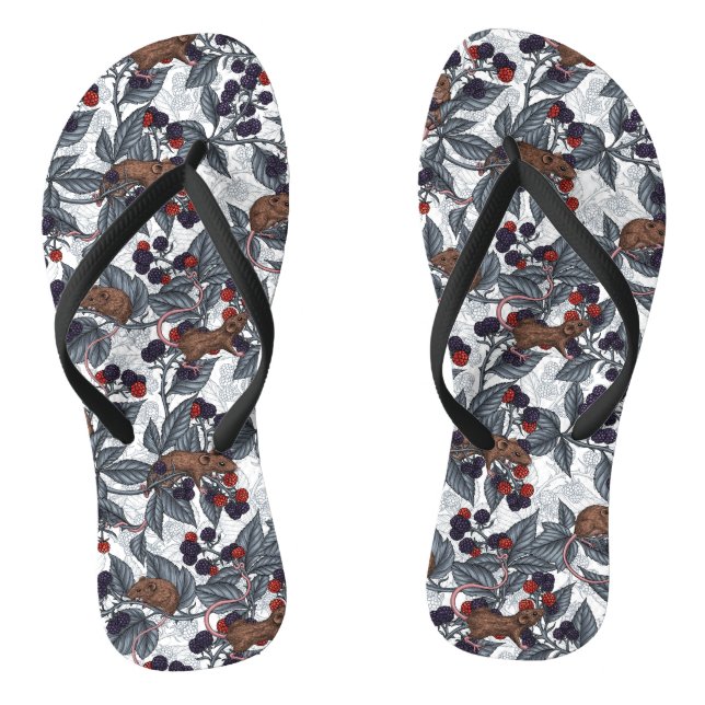Mice and blackberries on white flip flops (Footbed)