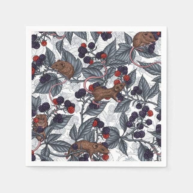 Mice and blackberries on white napkin (Front)