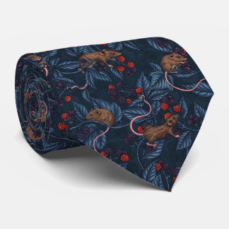 Mice and blackberries on white neck tie