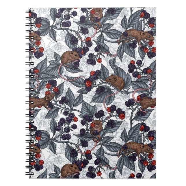 Mice and blackberries on white notebook (Front)