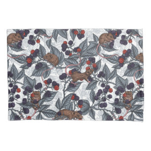 Mice and blackberries on white pillowcase