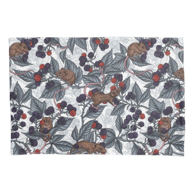 Mice and blackberries on white pillowcase (Front-Left)