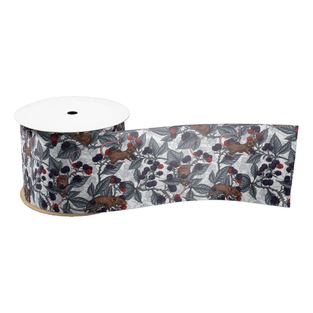 Mice and blackberries on white satin ribbon (Spool)