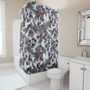 Mice and blackberries on white shower curtain