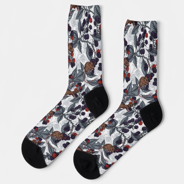 Mice and blackberries on white socks (Left)