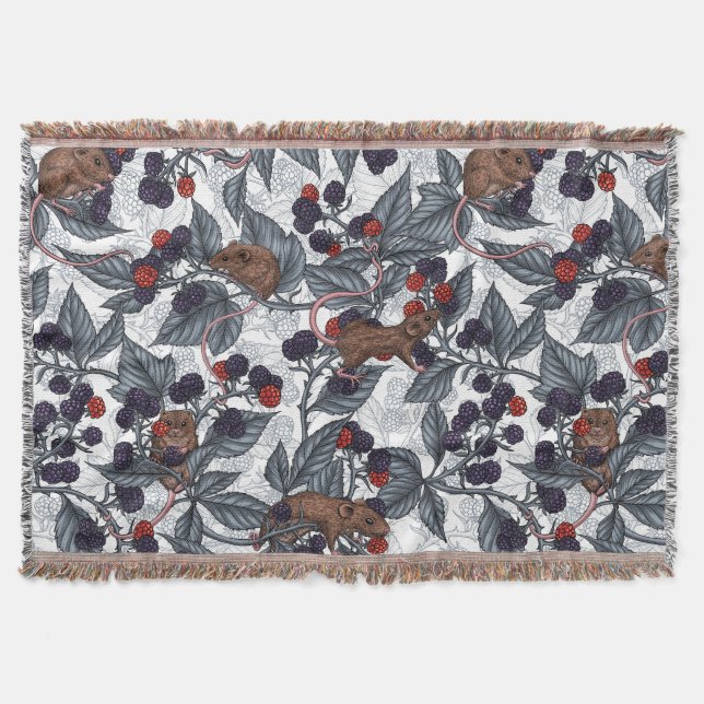 Mice and blackberries on white throw blanket (Front)