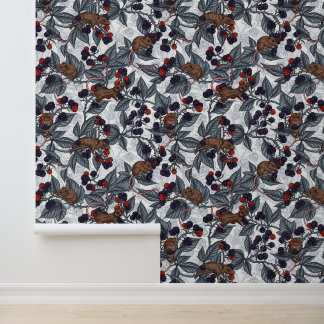 Mice and blackberries on white wallpaper