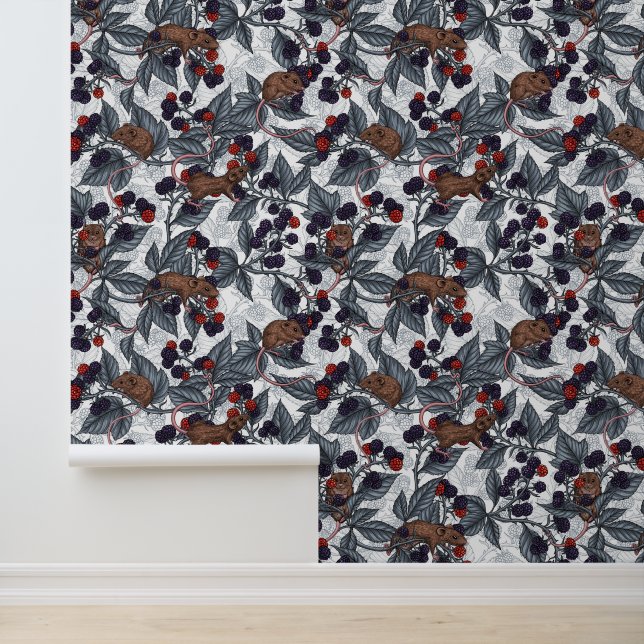 Mice and blackberries on white wallpaper (Application)