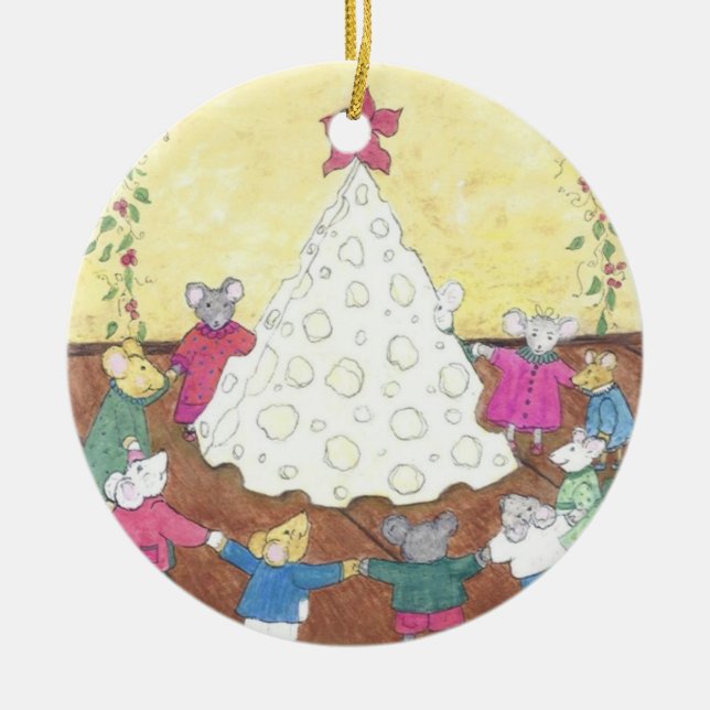 Mice around a Cheese Christmas Tree Ceramic Tree Decoration (Front)