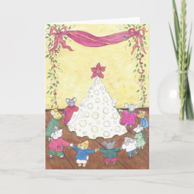 Mice around a Cheese Christmas Tree Holiday Card (Front)