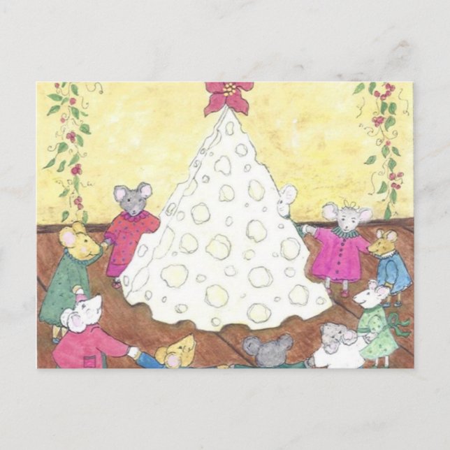Mice around a Cheese Christmas Tree Holiday Postcard (Front)