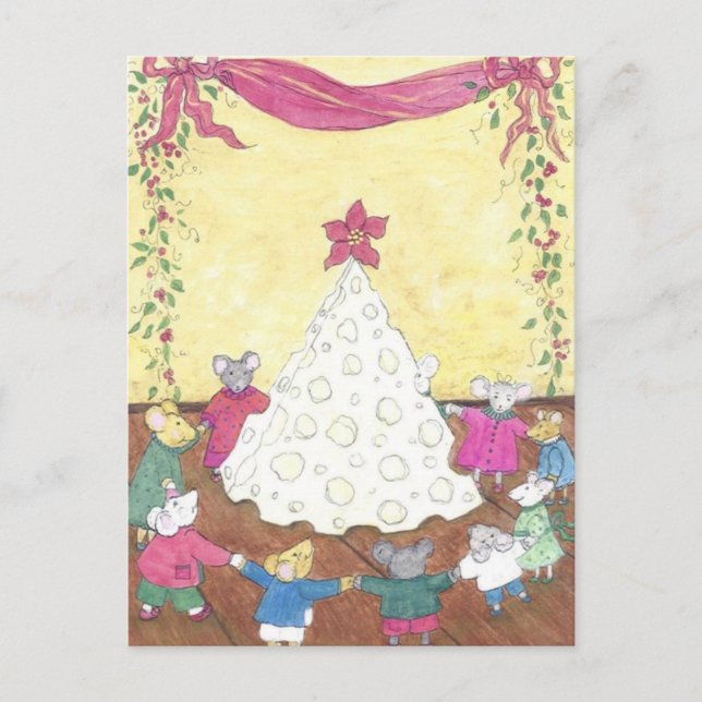 Mice around a Cheese Christmas Tree Holiday Postcard (Front)
