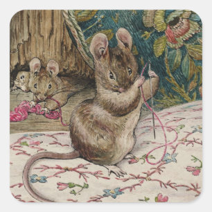 Mice Embroidering a Waistcoat Beatrix Potter 1902 Square Sticker